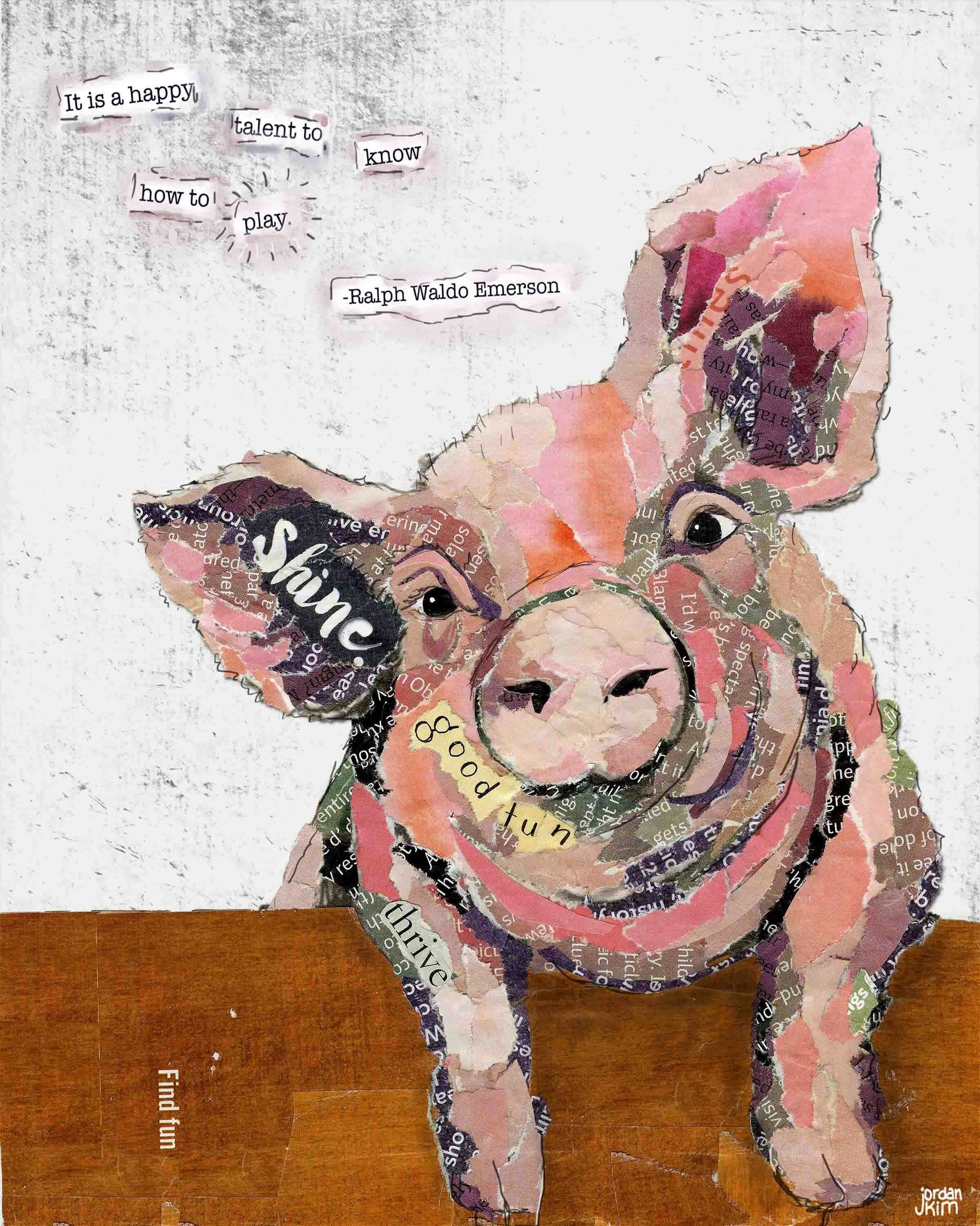 Greeting Card of a Pig with Ralph Waldo Emerson Quote About Play - Retirement, Baby Shower, Friend, Anytime, Blank Inside