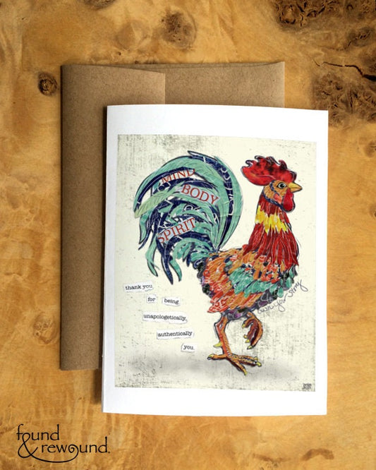 Greeting Card of a Rooster with Inspirational Quote - Self-Love - Collage - Thank You - Friend - Encouragement - Support - Blank Inside