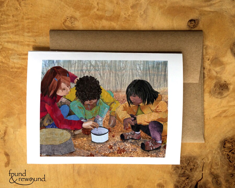 Greeting Card of Children Gathering Treasures Outside - Friendship - Blank Inside