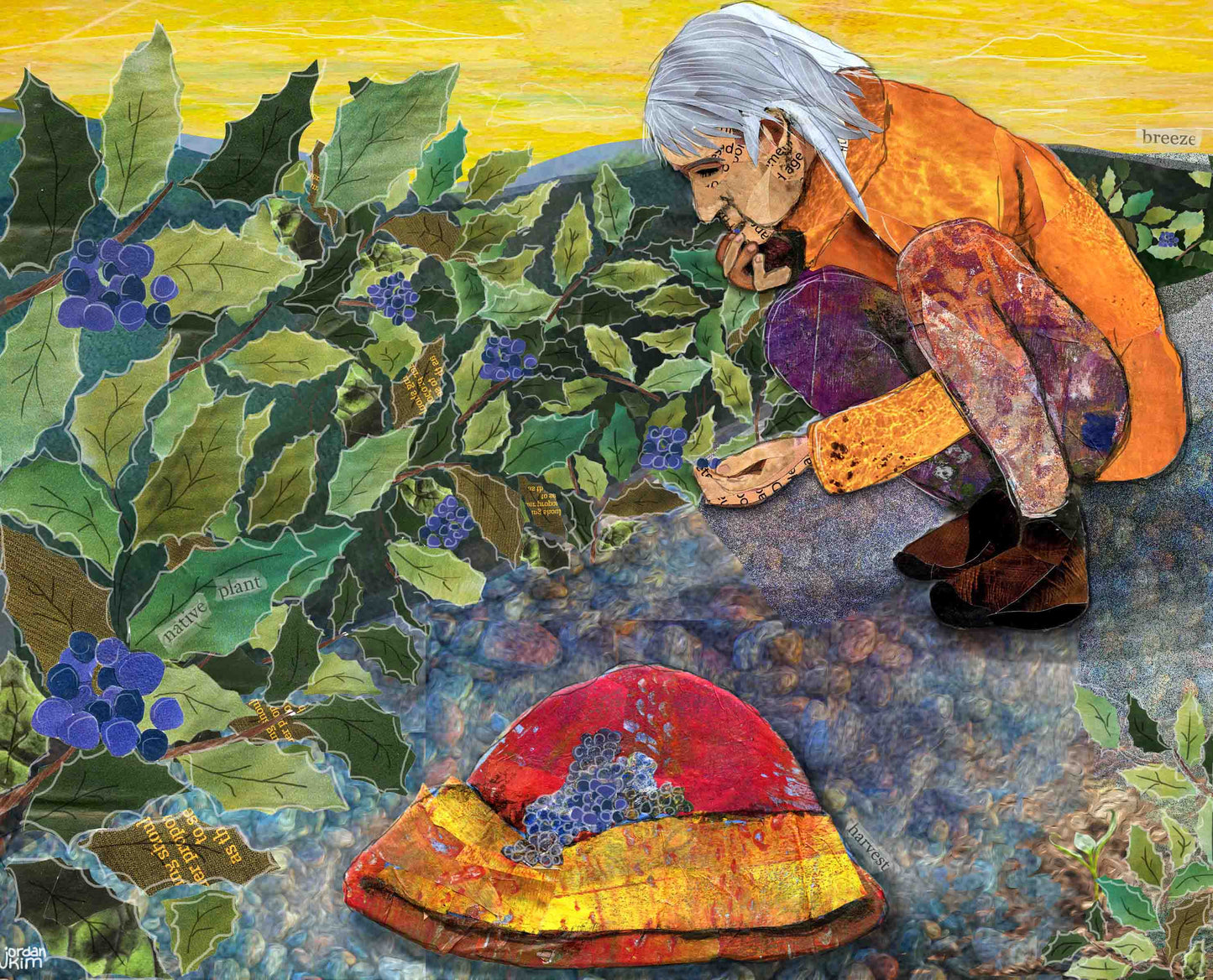 Greeting Card of a Paper Collage of Older Woman Gathering Oregon Grape Berries in a Hat - Blank Inside