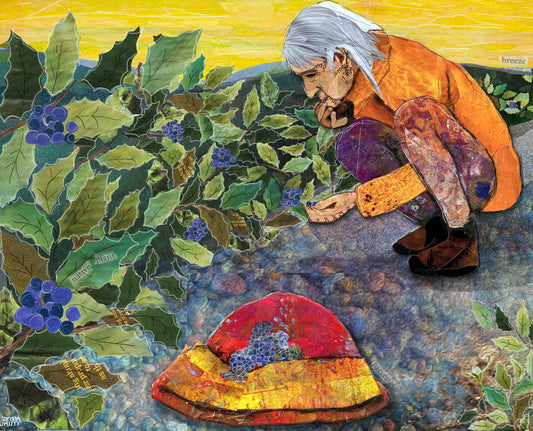 Greeting Card of a Paper Collage of Older Woman Gathering Oregon Grape Berries in a Hat - Blank Inside