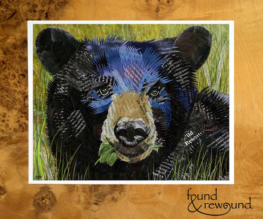 8x10 Art print of a Paper Collage of of a Black Bear Eating Grass - Wall Art