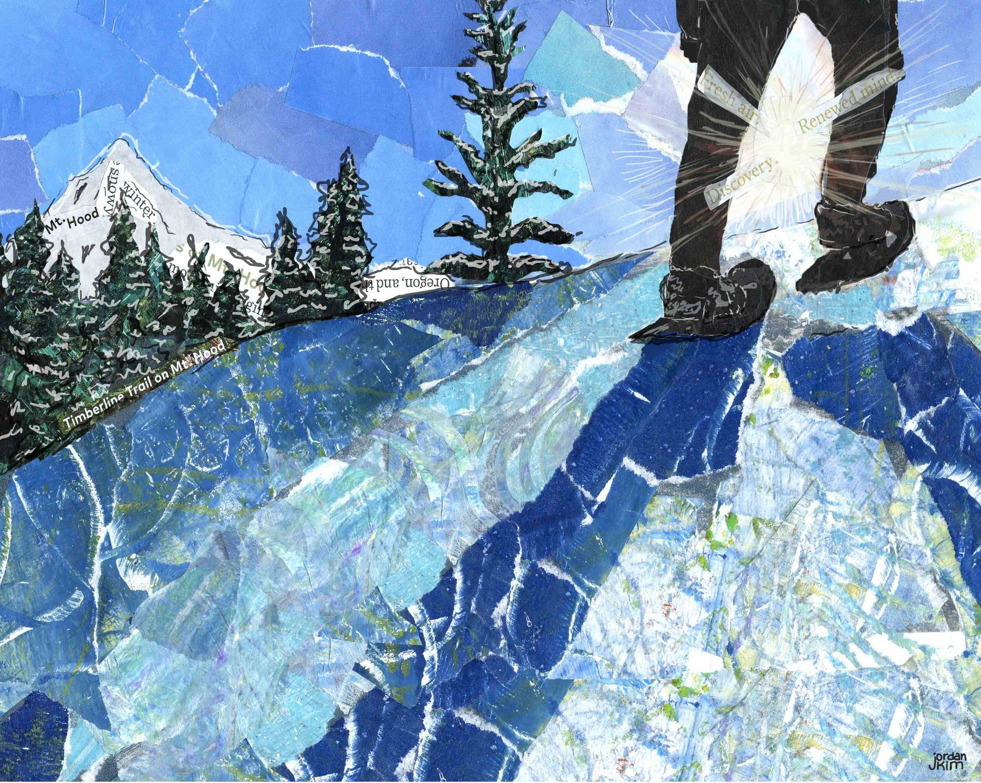 Greeting Card of a Paper Collage of a Person Snow Shoeing Near Mt. Hood-Oregon - Blank Inside