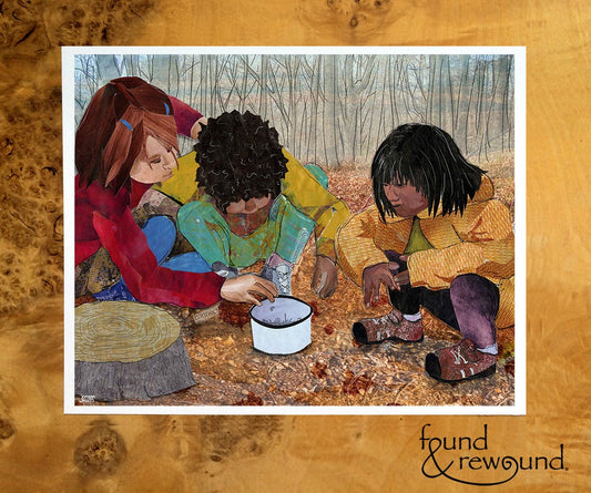 8x10 Art print of Children Gathering Treasures Outside - Nursery, Playroom, Friendship Wall Art