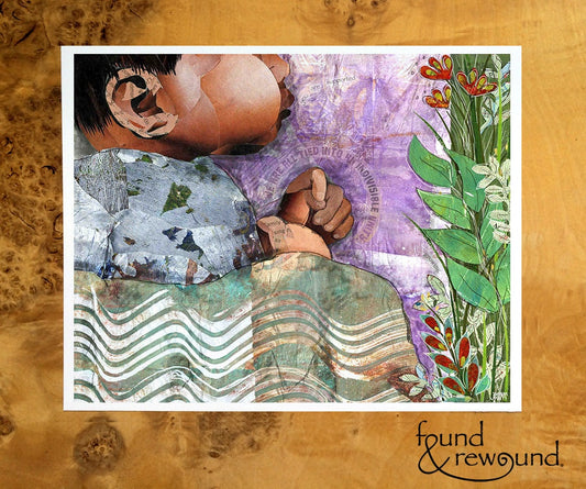 8x10 Art print of a Paper Collage of a Baby Asleep in the Grass - Inspirational - Baby Shower Gift - Wall Art
