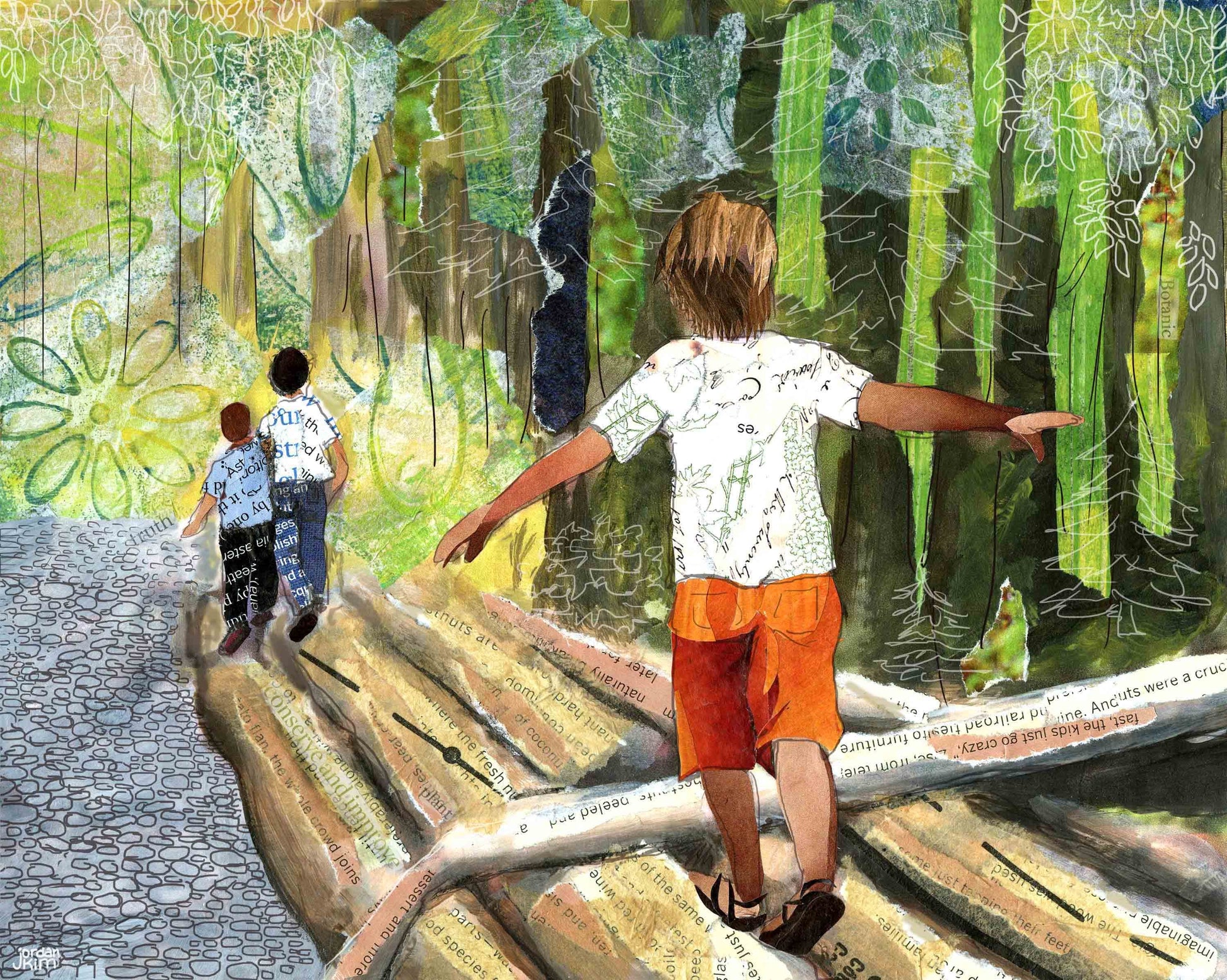 8x10 Art print Paper Collage of Kids Balancing on Logs Walking Through the Forest - Inspirational - Wall Art