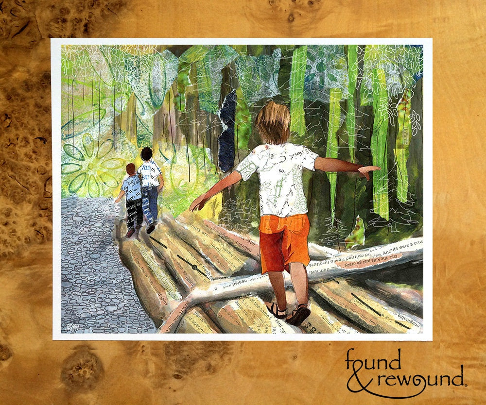 8x10 Art print Paper Collage of Kids Balancing on Logs Walking Through the Forest - Inspirational - Wall Art
