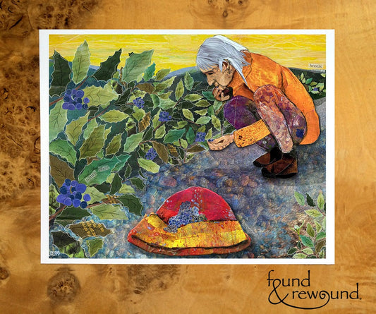 8x10 Art print of a Paper Collage of Older Woman Gathering Oregon Grape Berries in a Hat - Wall Art