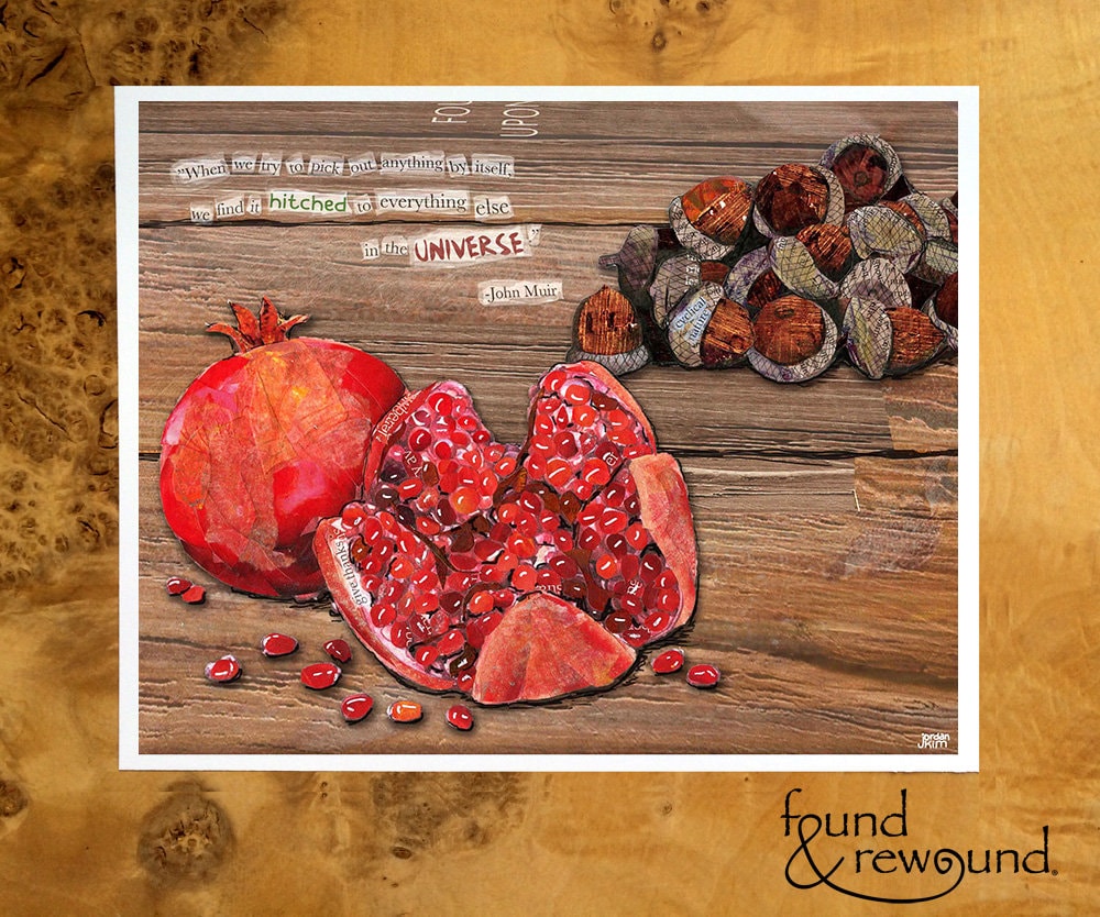 8x10 Art print of a Paper Collage of Pomegranate and Acorns with John Muir Quote - Inspirational - Wall Art