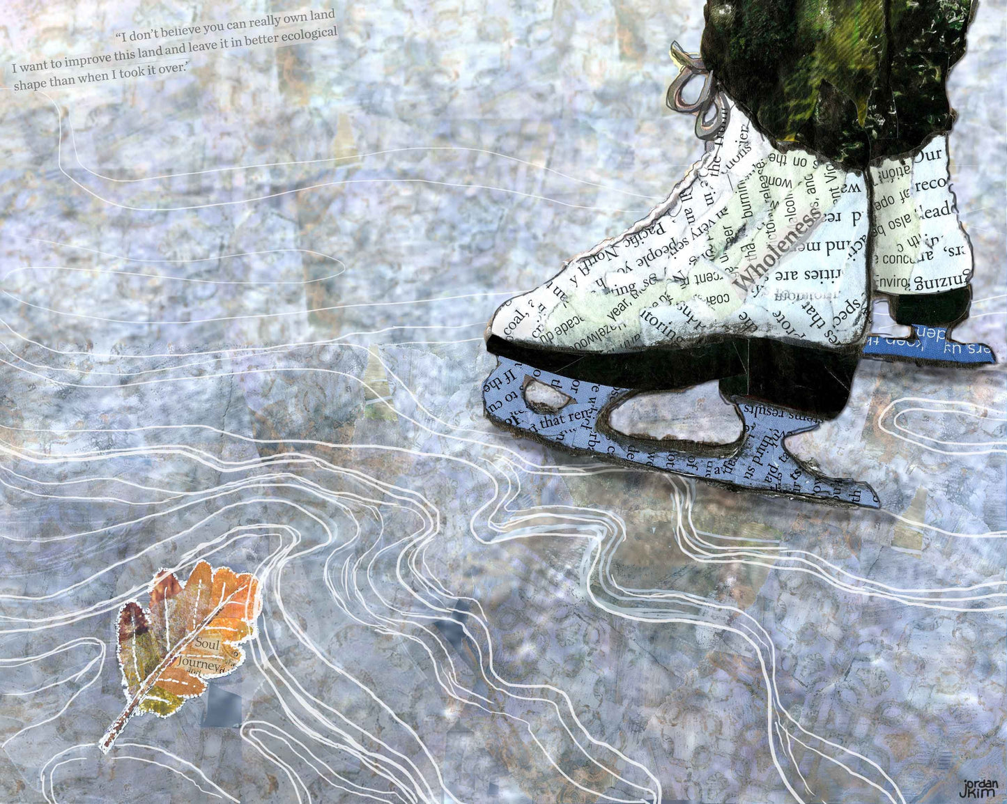 8x10 Art print of a Paper Collage of of a Person Ice Skating and a Frozen Oak Leaf - Holiday - Winter Wall Art