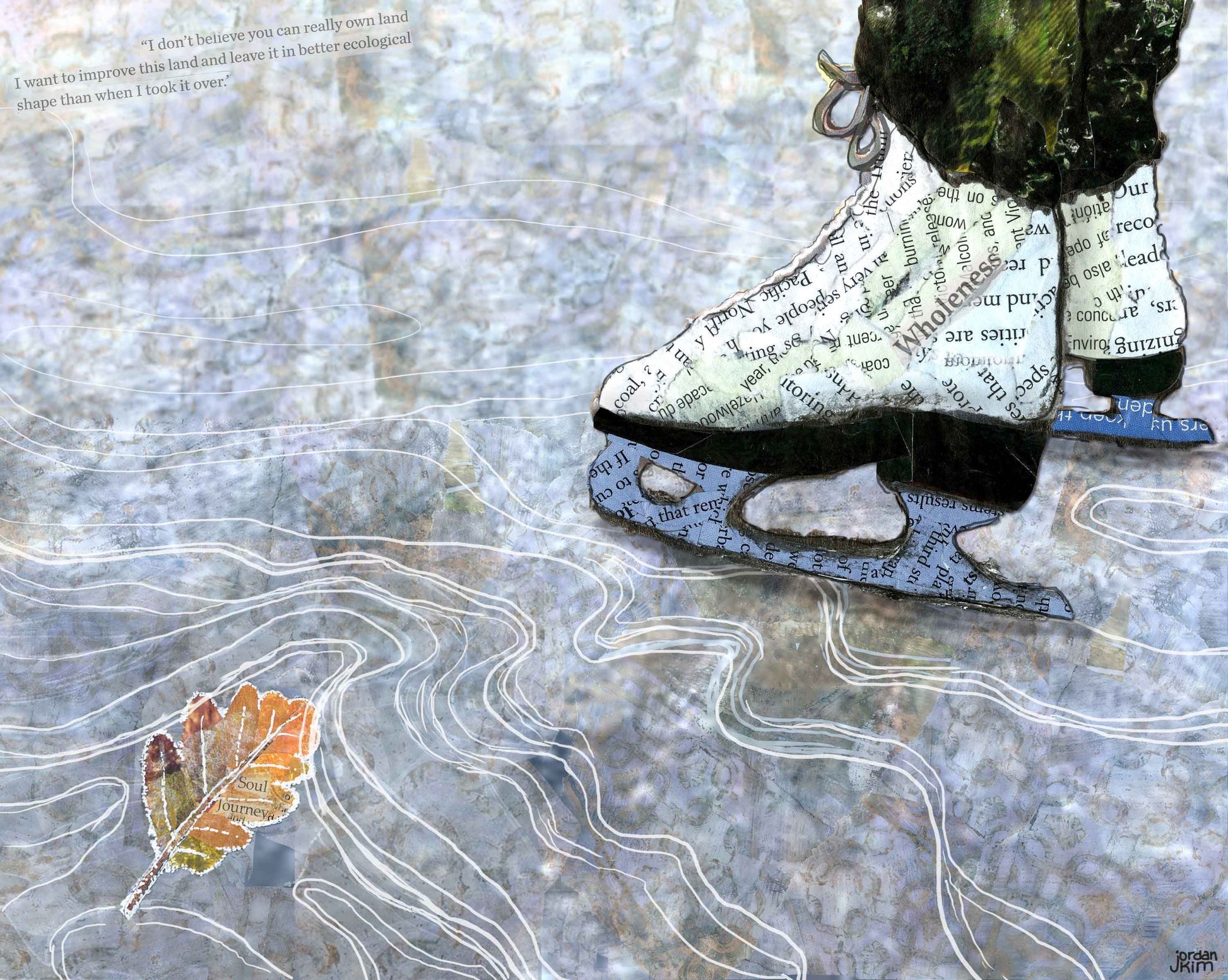 8x10 Art print of a Paper Collage of of a Person Ice Skating and a Frozen Oak Leaf - Holiday - Winter Wall Art