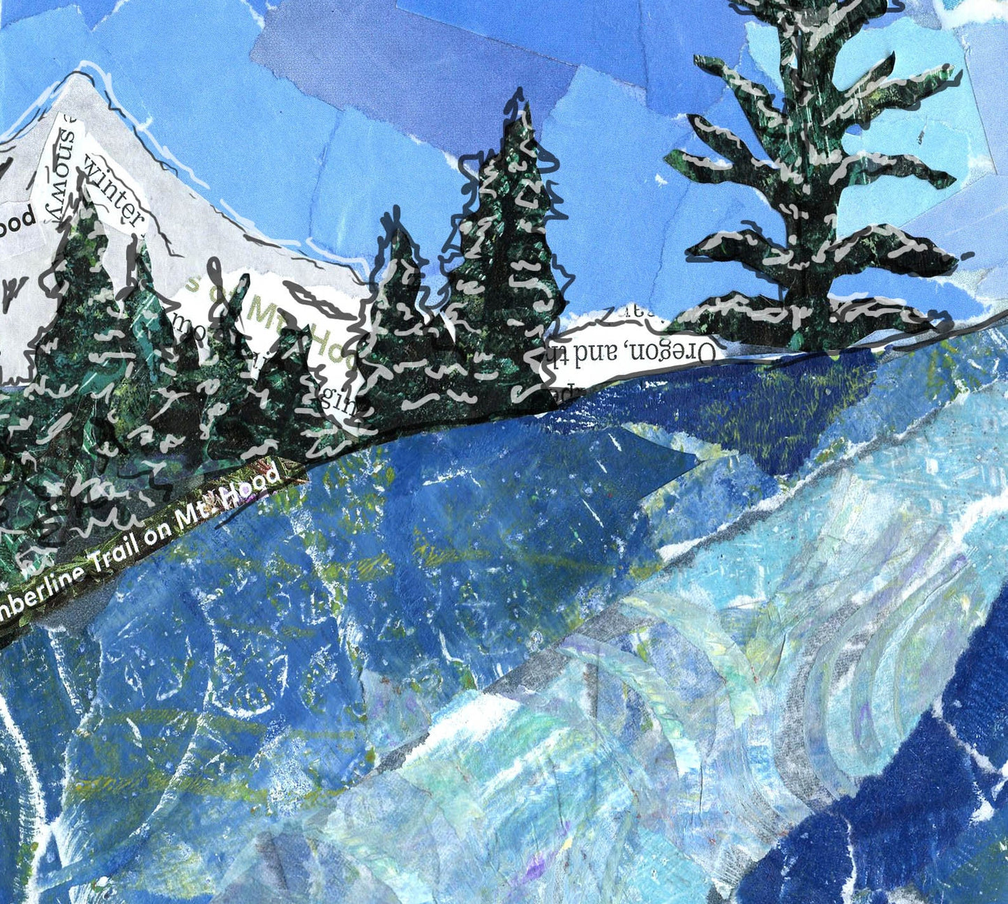 8x10 Art print of a Paper Collage of a Person Snow Shoeing Near Mt. Hood-Oregon - Winter Wall Art