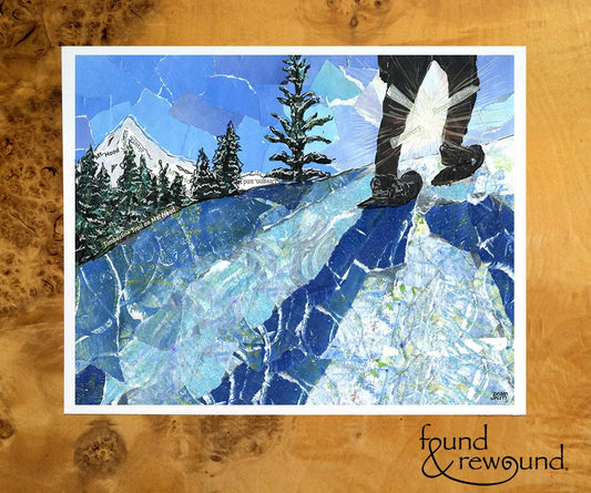 8x10 Art print of a Paper Collage of a Person Snow Shoeing Near Mt. Hood-Oregon - Winter Wall Art