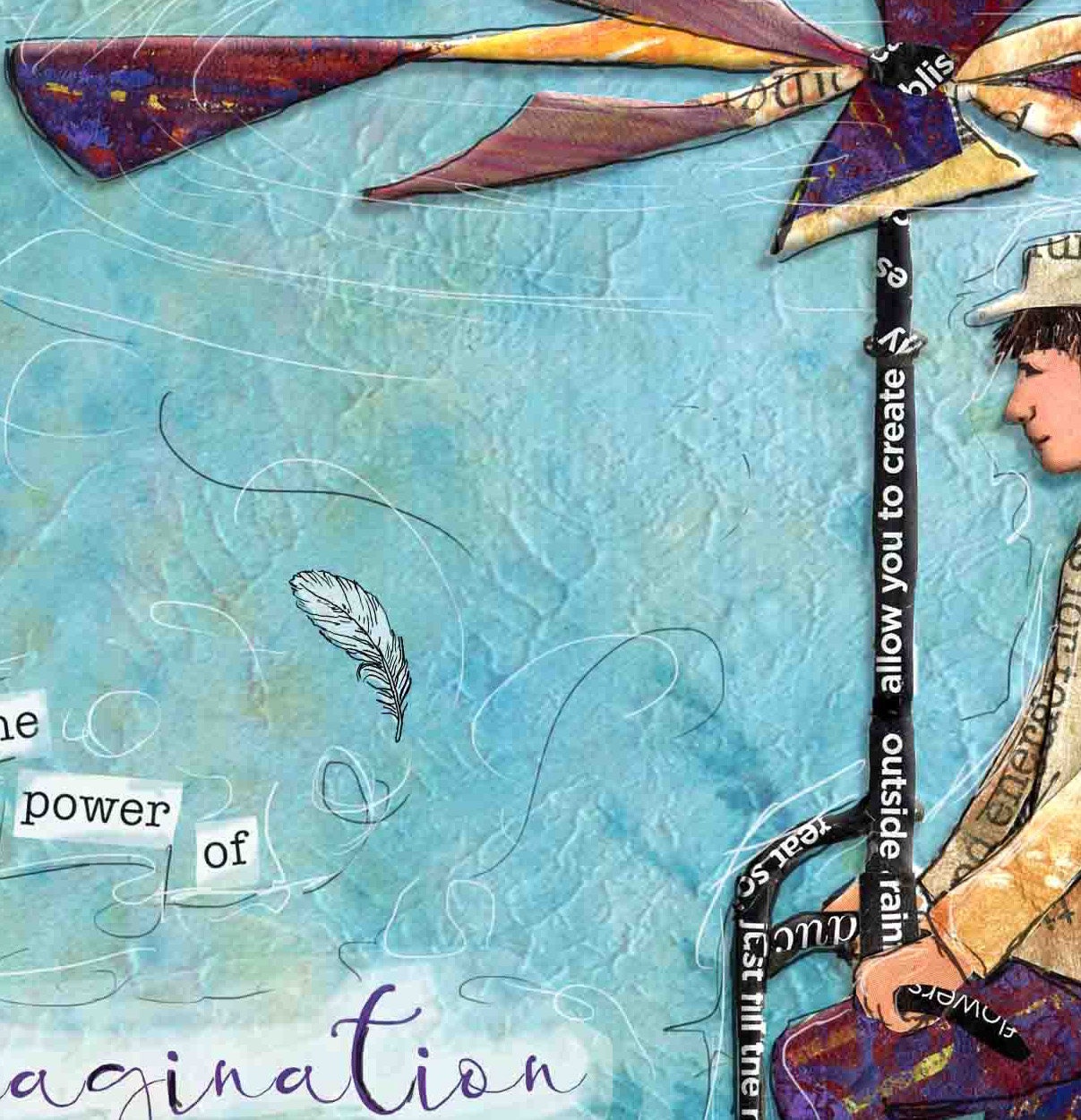 Greeting Card of a Paper Collage of a Person Riding a Flying Machine with John Muir Imagination Quote - Inspirational - Blank Inside
