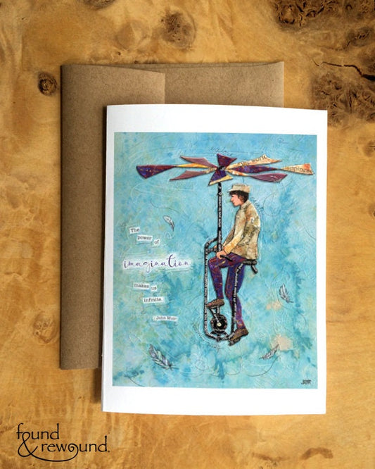 Greeting Card of a Paper Collage of a Person Riding a Flying Machine with John Muir Imagination Quote - Inspirational - Blank Inside