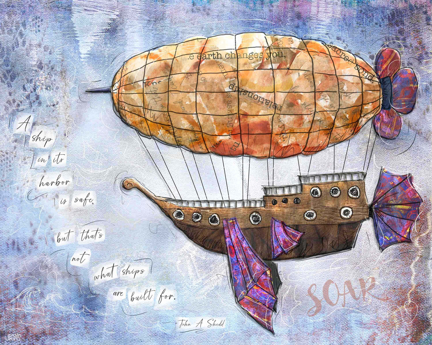 8x10 Art print of a Paper Collage of an Airship Flying with word Soar and John Shedd Quote - Inspirational Wall Art