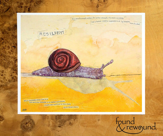 8x10 Art print of a Paper Collage of a Snail with the word Resilient and snail facts - Inspirational Wall Art
