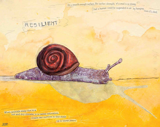 8x10 Art print of a Paper Collage of a Snail with the word Resilient and snail facts - Inspirational Wall Art