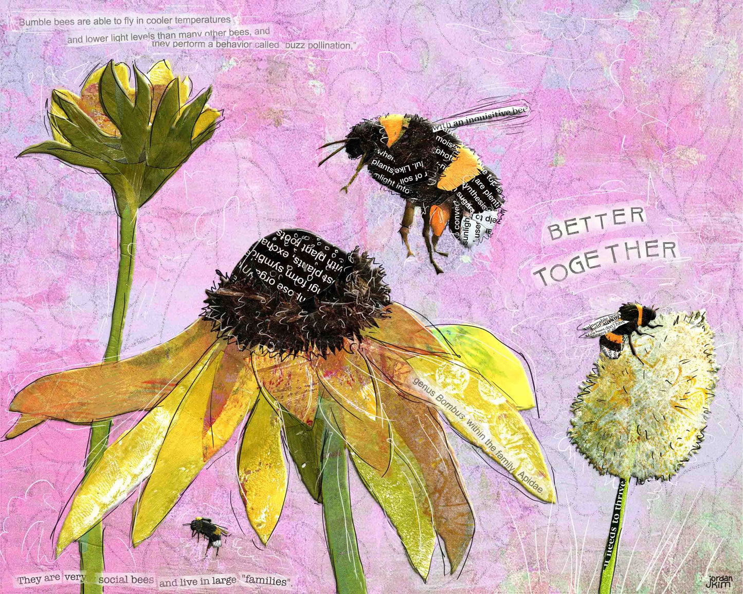 8x10 Art print of a Paper Collage of Bumblebees with the words Better Together - Friendship - Inspirational Wall Art