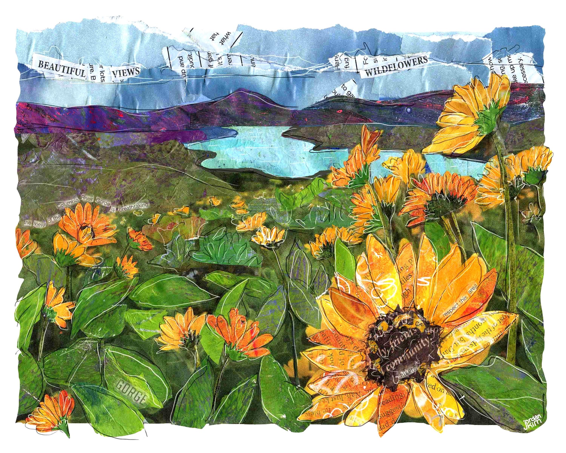 8x10 Art print of a Paper Collage of Balsam Root wildflowers blooming in the Columbia River Gorge - Inspirational Wall Art