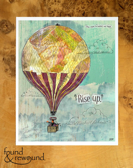 8x10 Art print of a Paper Collage of a Hot Air Balloon with the words "Rise Up" Inspirational Wall Art