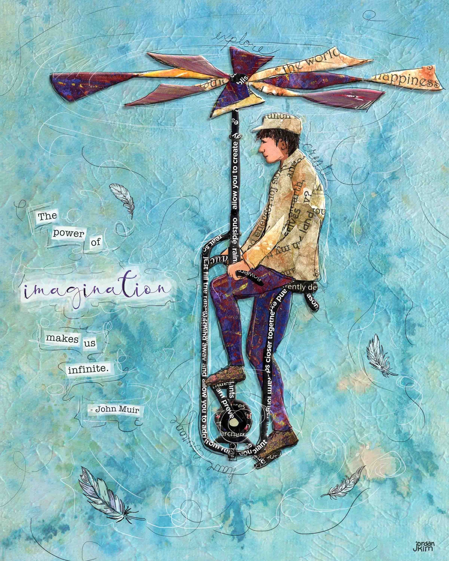 Greeting Card of a Paper Collage of a Person Riding a Flying Machine with John Muir Imagination Quote - Inspirational - Blank Inside