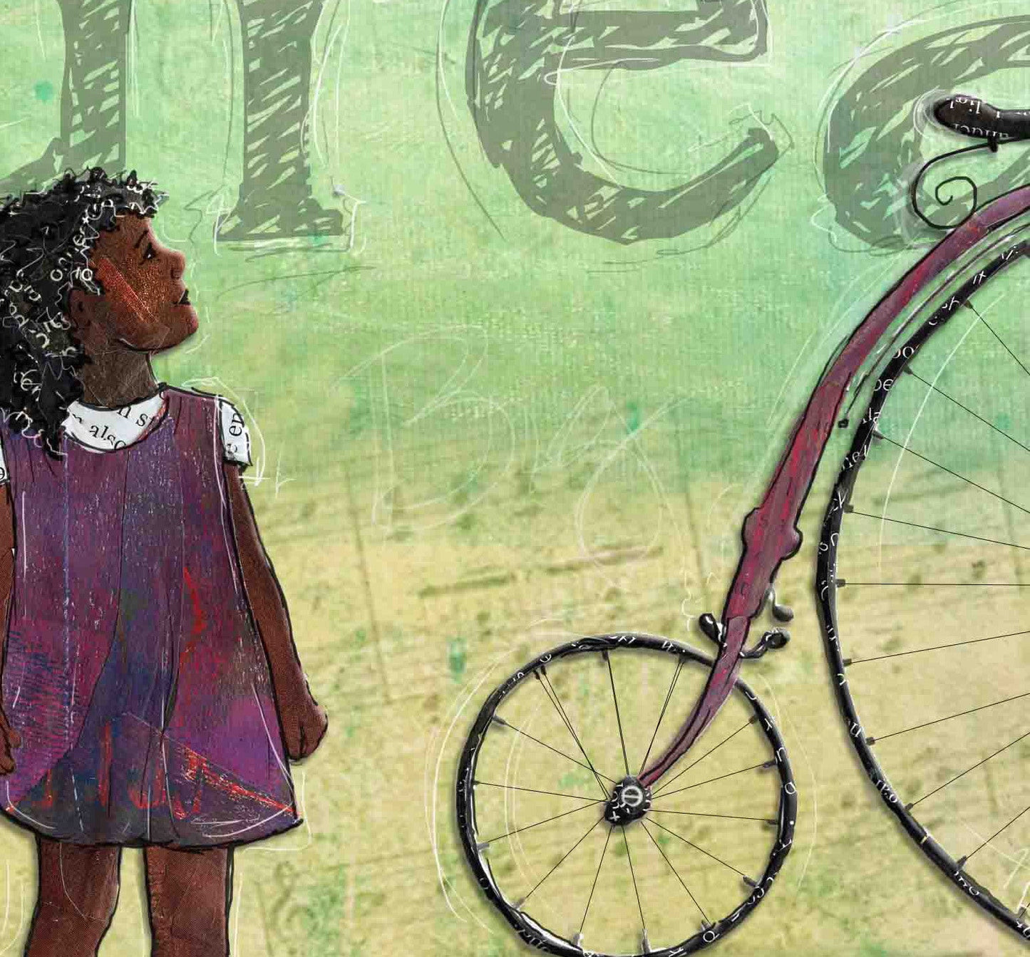 8x10 Art print of a Paper Collage of a Child Looking at an Old Fashioned Bicycle with Dream and Tubman quote - Inspirational Wall Art