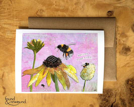 Greeting Card of a Paper Collage of Bumblebees with the words Better Together - Friendship - Inspirational - Blank Inside