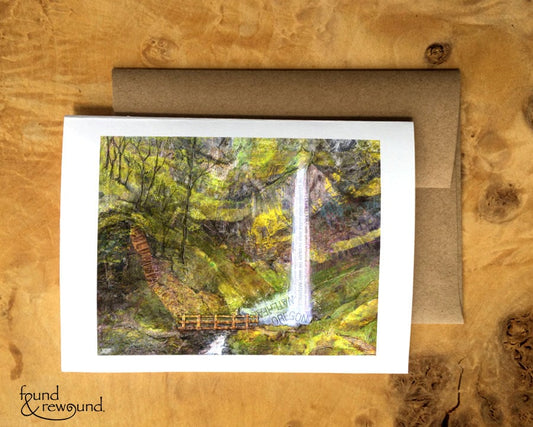 Greeting Card of a Paper Collage of Wahclella Falls in the Columbia River Gorge - Landscape - Blank Inside