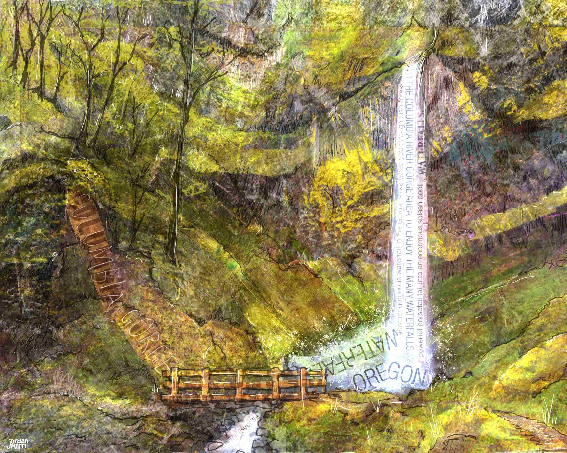 8x10 Art print of a Paper Collage of Wahclella Falls in the Columbia River Gorge - Landscape Wall Art