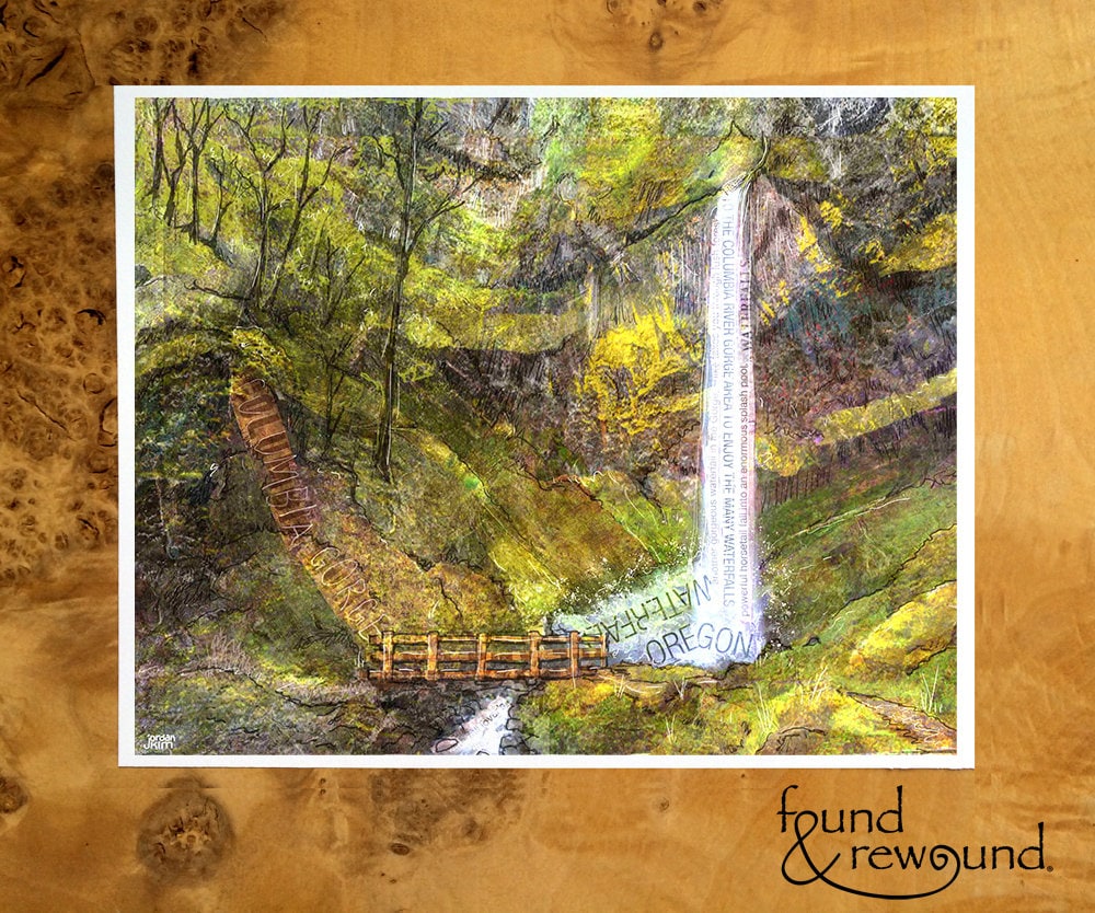 8x10 Art print of a Paper Collage of Wahclella Falls in the Columbia River Gorge - Landscape Wall Art