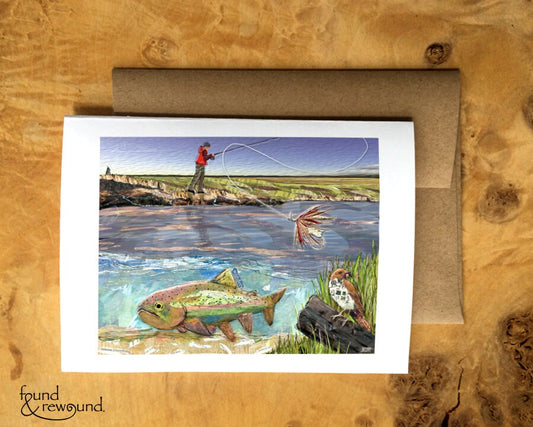 Greeting Card of a Paper Collage of of Woman Fly Fishing for Rainbow Trout - Blank Inside