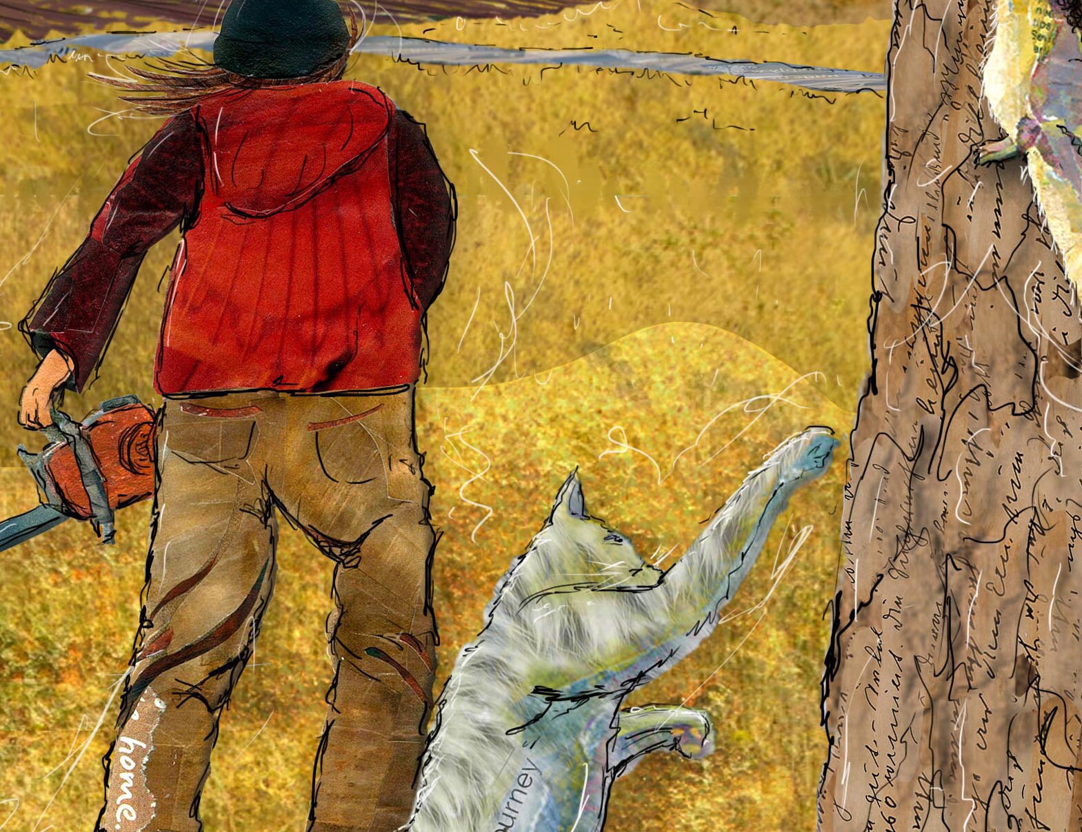 Greeting Card of a Paper Collage of of a woman with a chainsaw cutting down a tree, cat chasing squirrel - Blank Inside