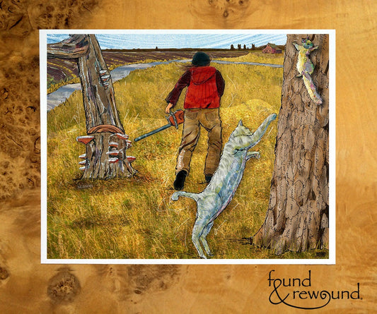 8x10 Art print of a Paper Collage of a woman with a chainsaw cutting down a tree, cat chasing squirrel - Wall Art