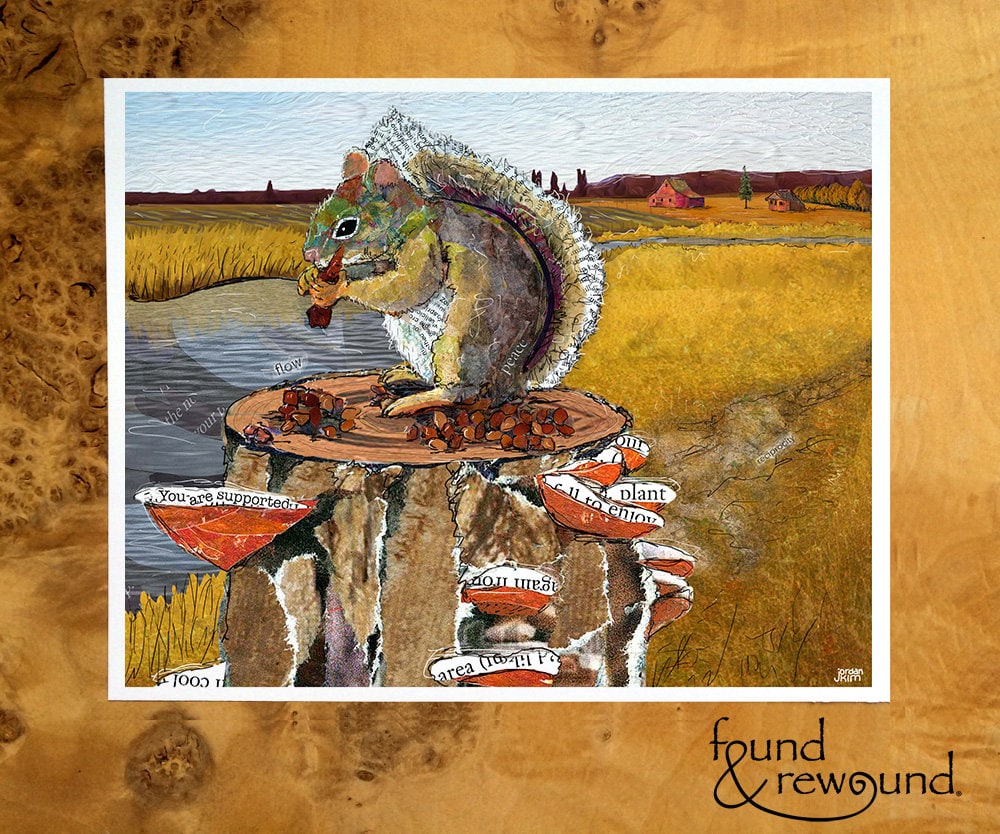 8x10 Art print of a Paper Collage of a squirrel sitting on a stump eating pinecone - Wall Art