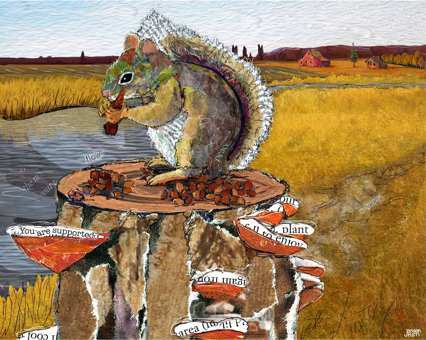 8x10 Art print of a Paper Collage of a squirrel sitting on a stump eating pinecone - Wall Art