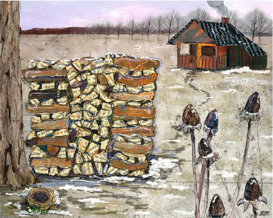 8x10 Art print of a Paper Collage of a stack of firewood in front of a home with smoke from the chimney - Wall Art