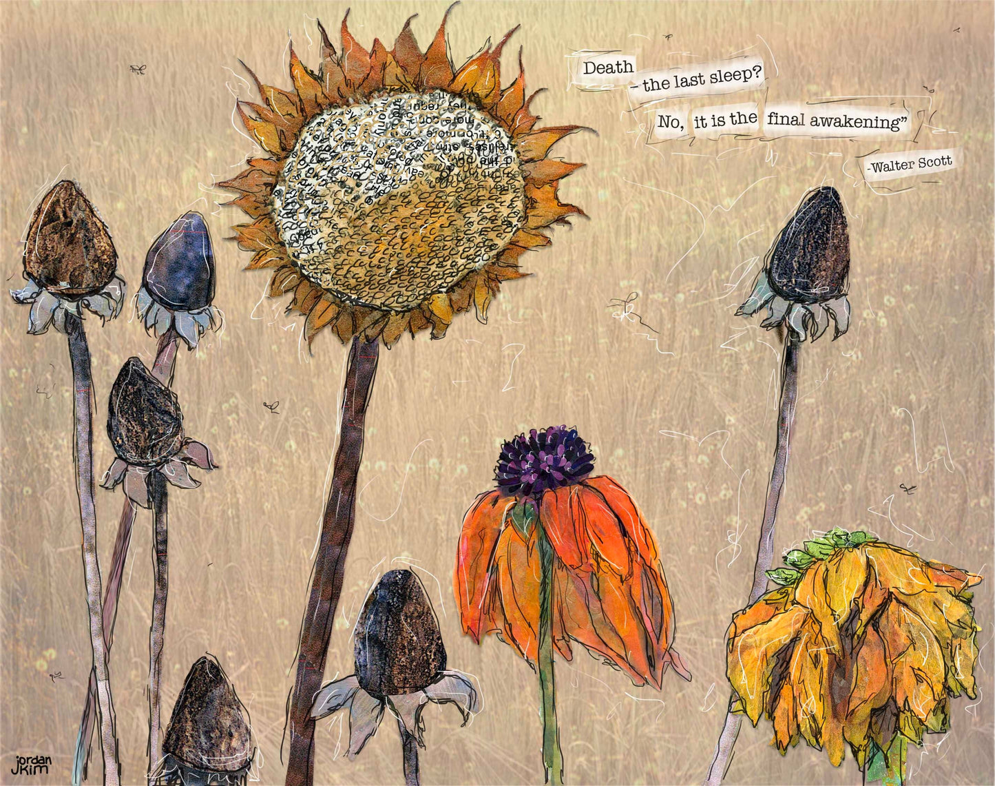 Greeting Card of a Paper Collage of dried dying flowers with Walter Scott quote - sympathy - Blank Inside