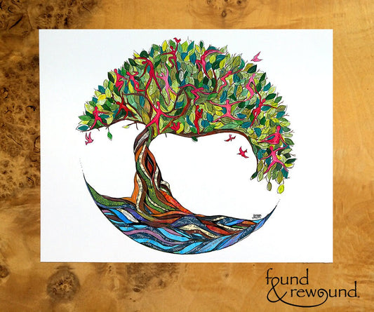8x10 Art print of a Paper Collage of tree of life including many parts of life in tree leaves, river below - inspirational - Wall Art