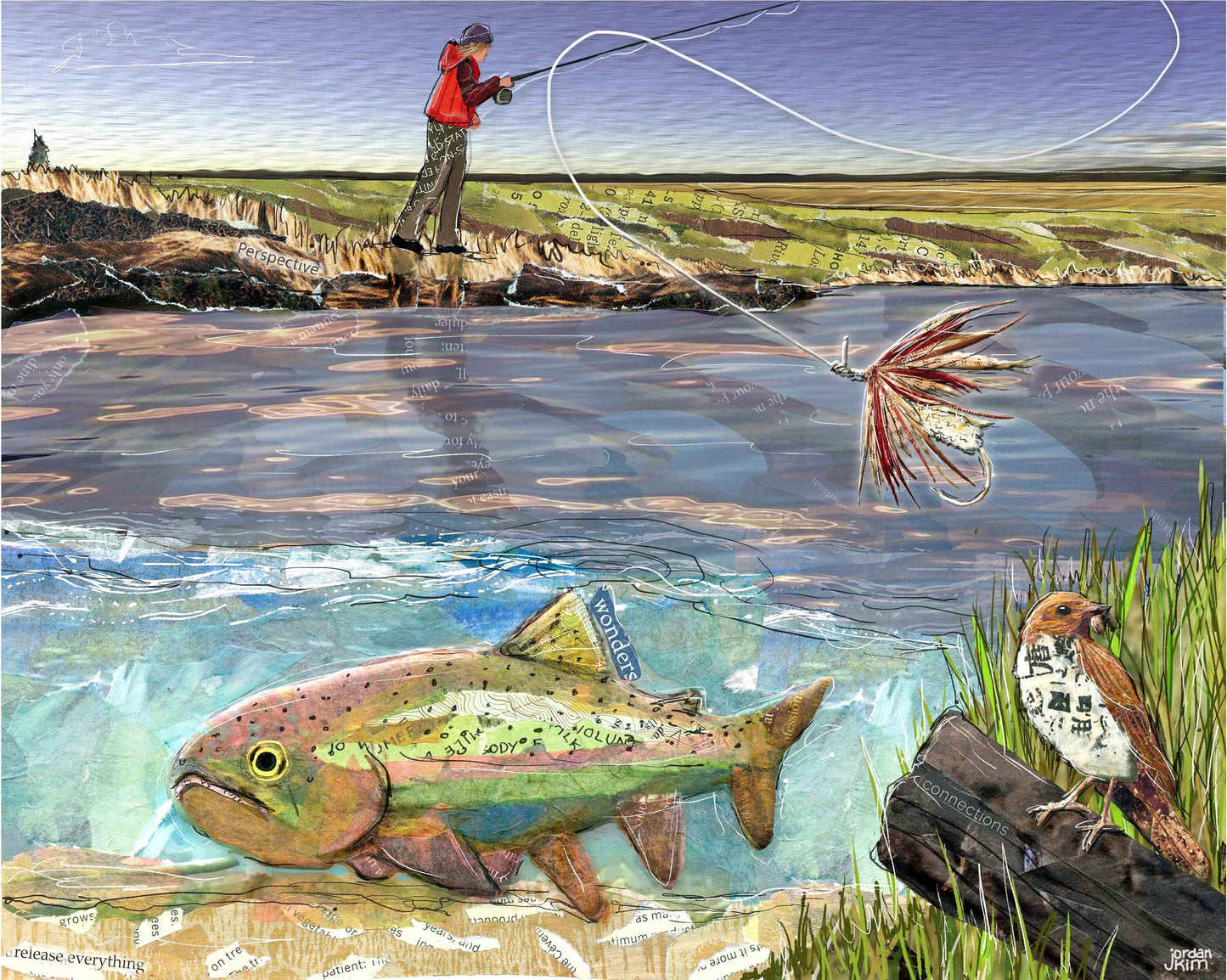 8x10 Art print of a Paper Collage of Woman Fly Fishing for Rainbow Trout - Wall Art