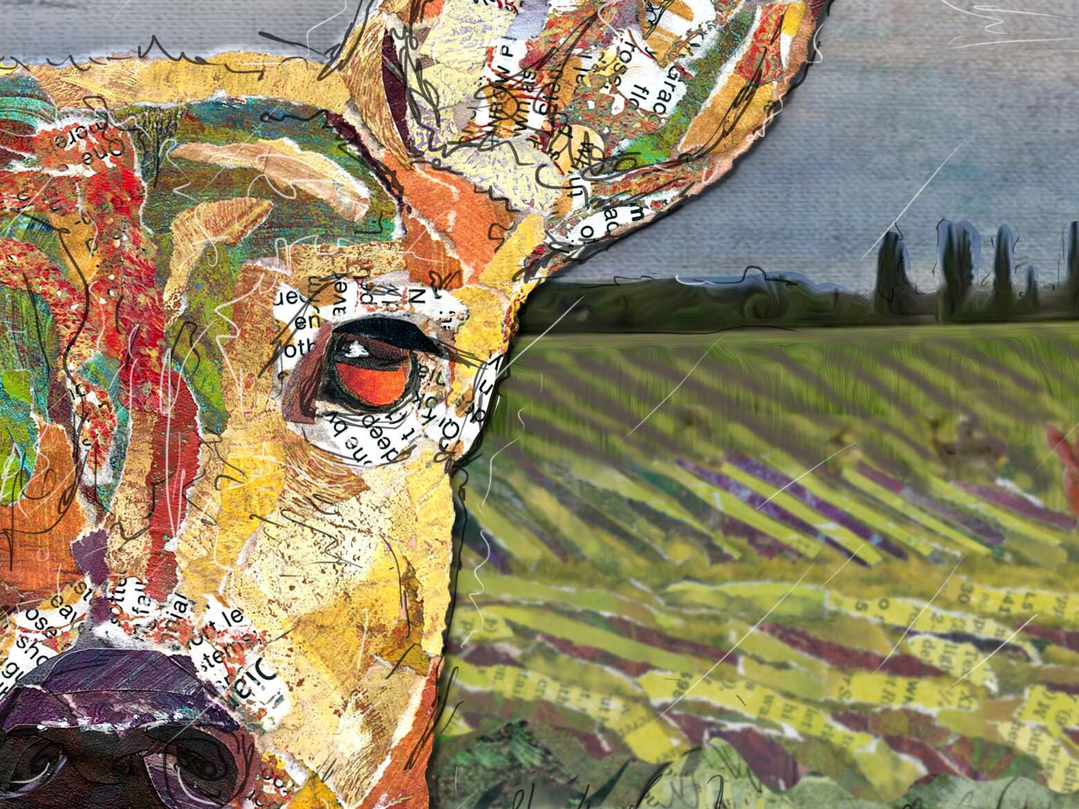 Greeting Card of a Paper Collage of a deer face close up with others browsing in the rain behind - Blank Inside