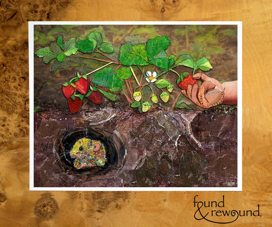 8x10 Art print of a Paper Collage of a child's hand picking a strawberry with a vole under the soil - Wall Art