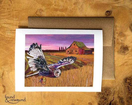 Greeting Card of a Paper Collage of a barn owl hunting at sunset, barn in background - Blank Inside