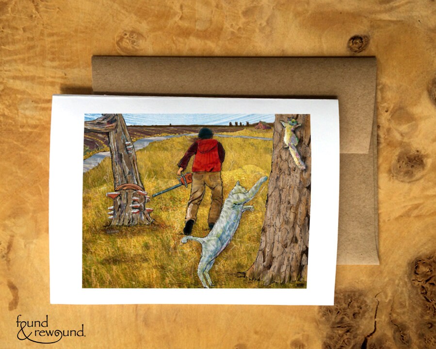 Greeting Card of a Paper Collage of of a woman with a chainsaw cutting down a tree, cat chasing squirrel - Blank Inside