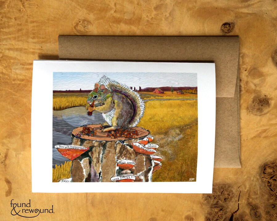 Greeting Card of a Paper Collage of a squirrel sitting on a stump eating pinecone - Blank Inside