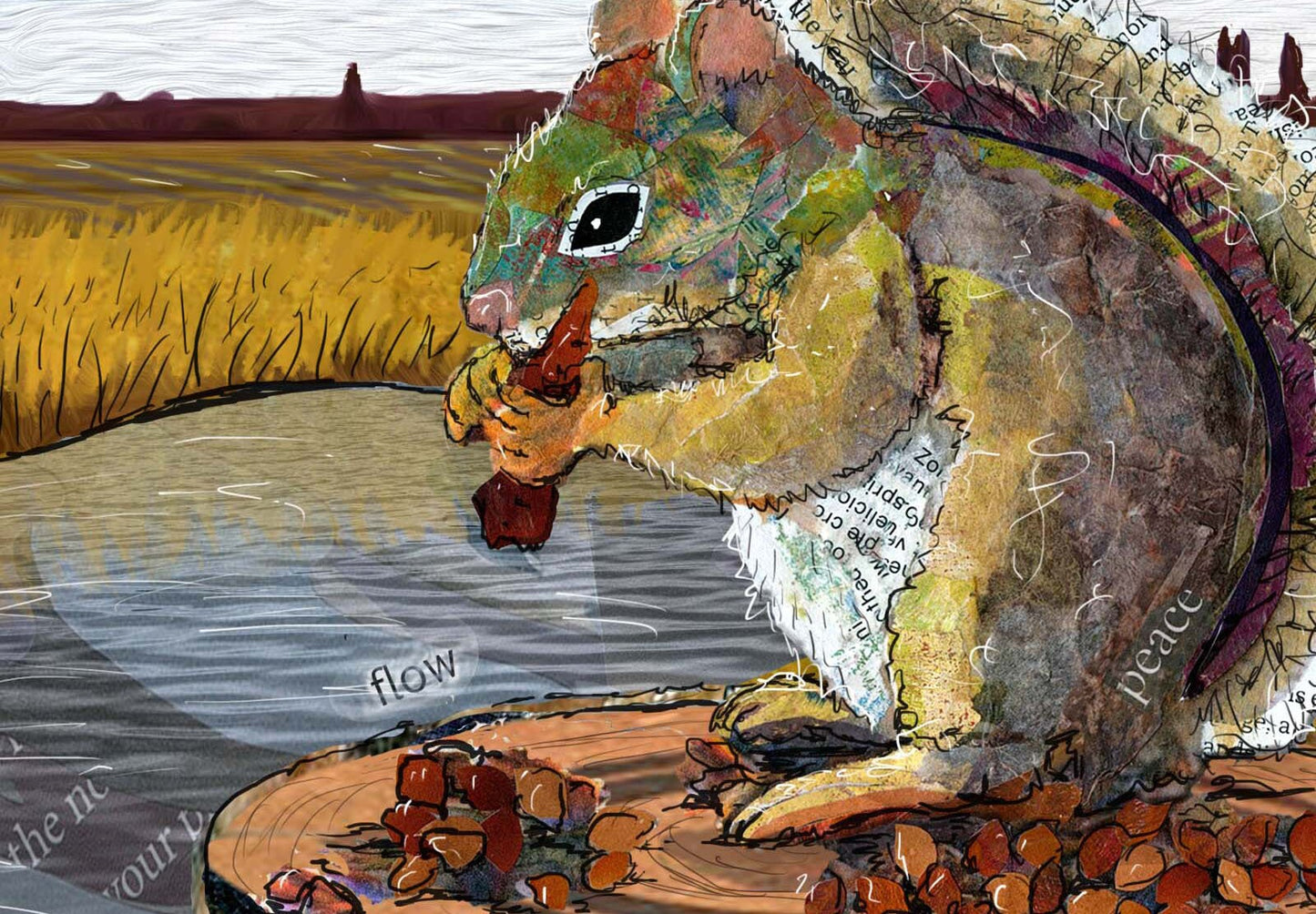 8x10 Art print of a Paper Collage of a squirrel sitting on a stump eating pinecone - Wall Art