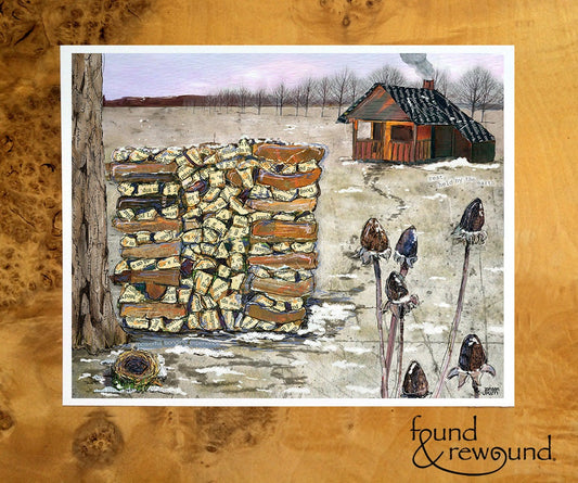 8x10 Art print of a Paper Collage of a stack of firewood in front of a home with smoke from the chimney - Wall Art