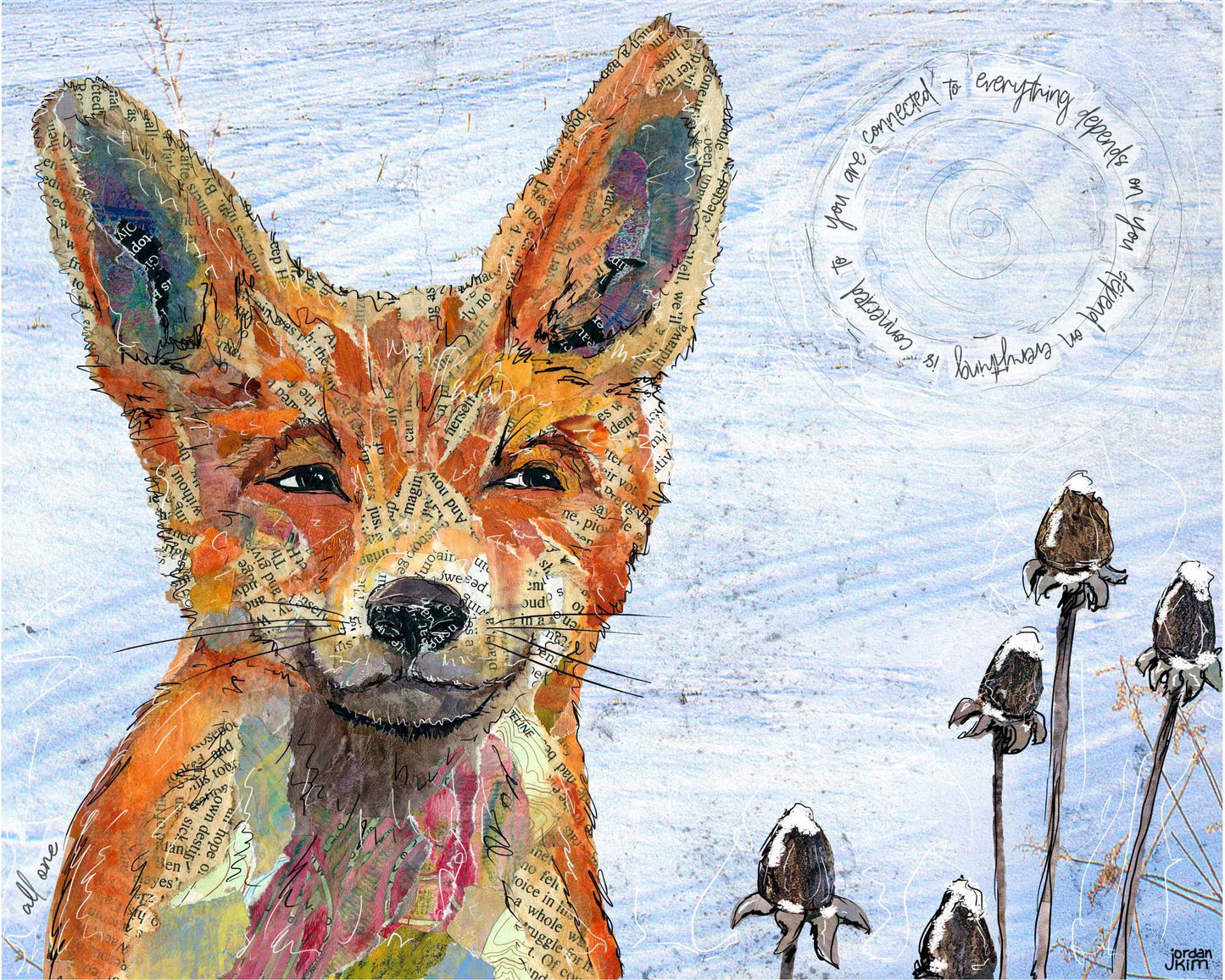 Greeting Card of a Paper Collage of a red fox in the snow - inspirational - Blank Inside