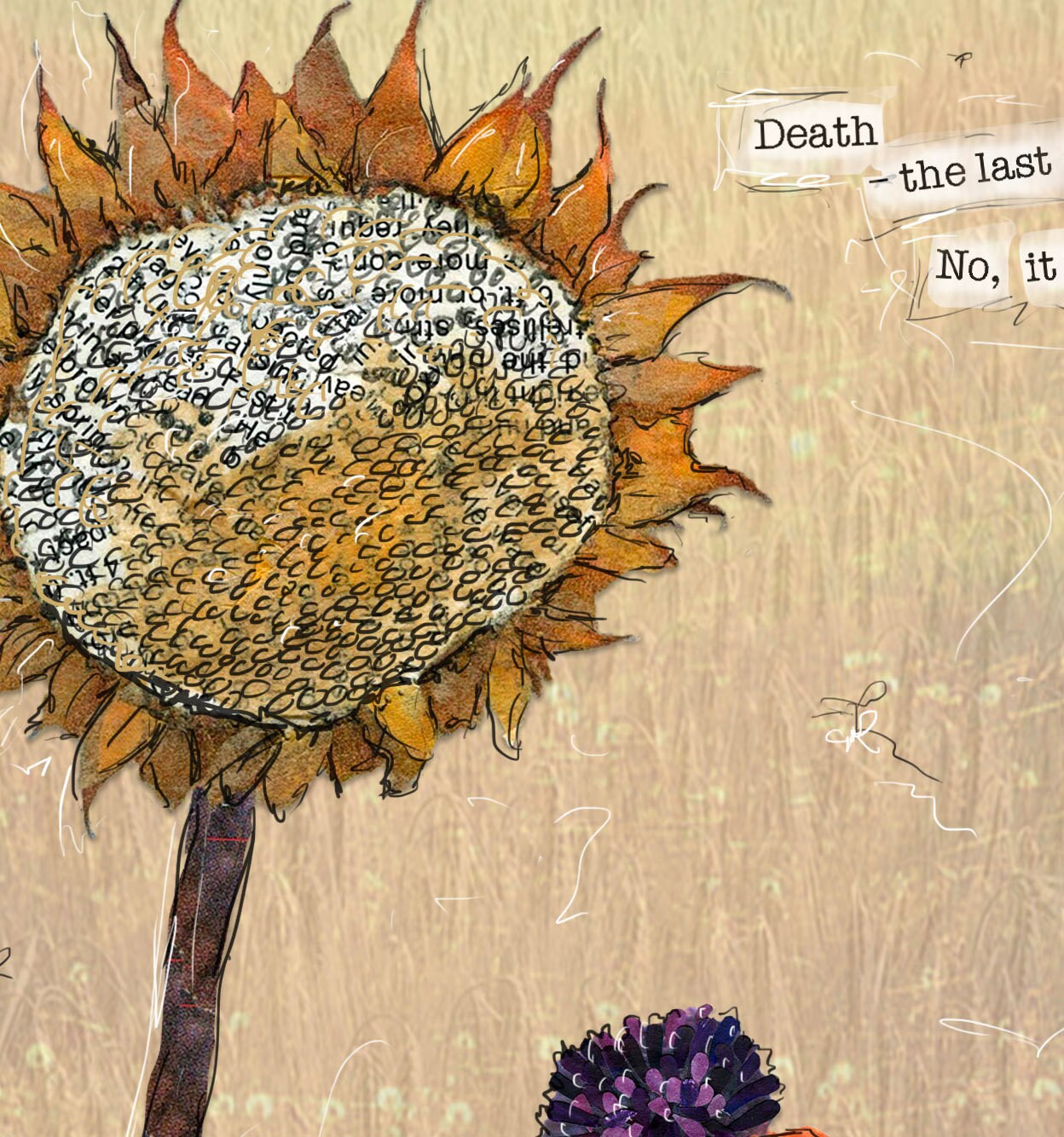 Greeting Card of a Paper Collage of dried dying flowers with Walter Scott quote - sympathy - Blank Inside