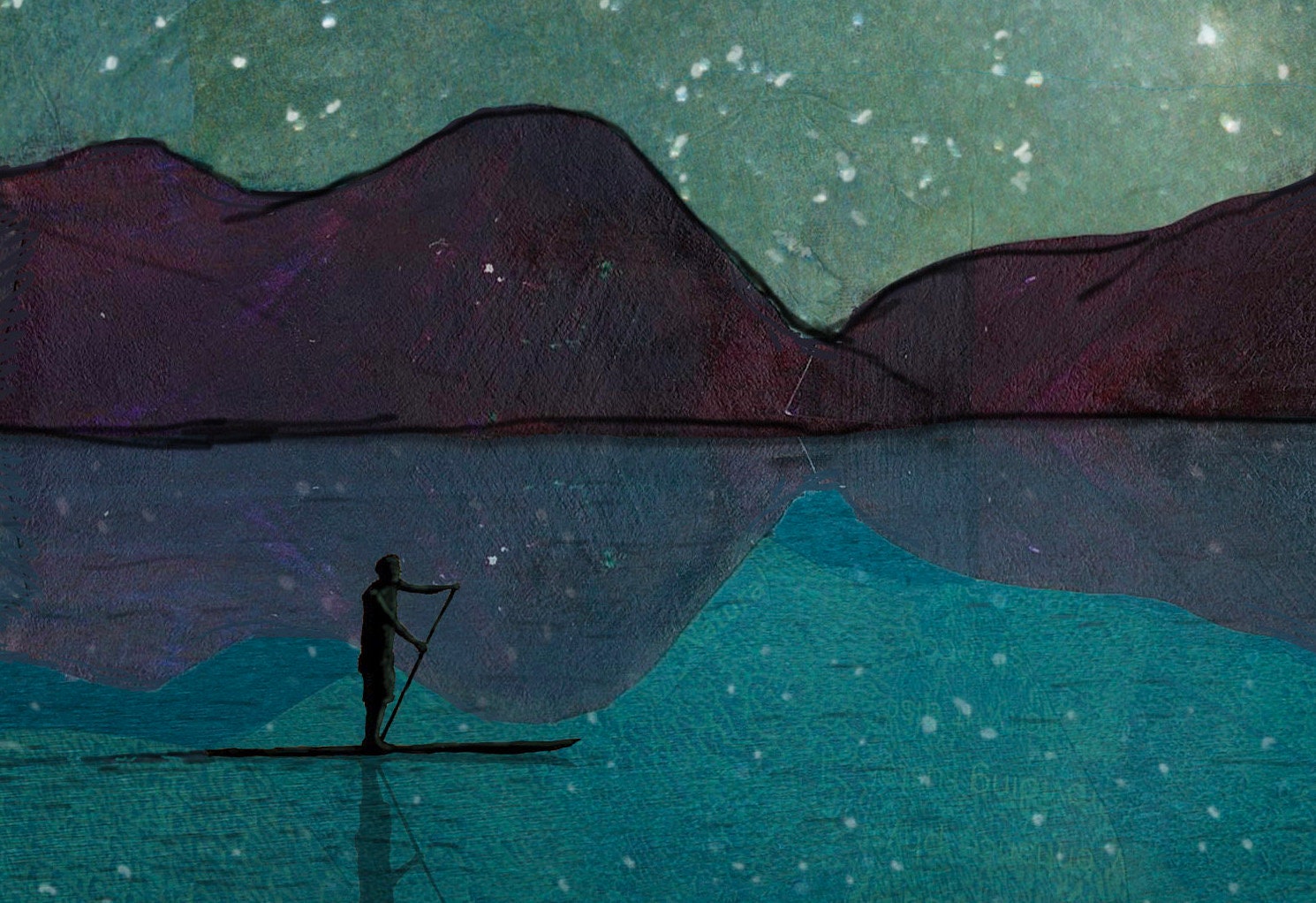 8x10 Art print of a Paper Collage of a person stand up paddling on a lake under the night sky stars - inspirational - Wall Art